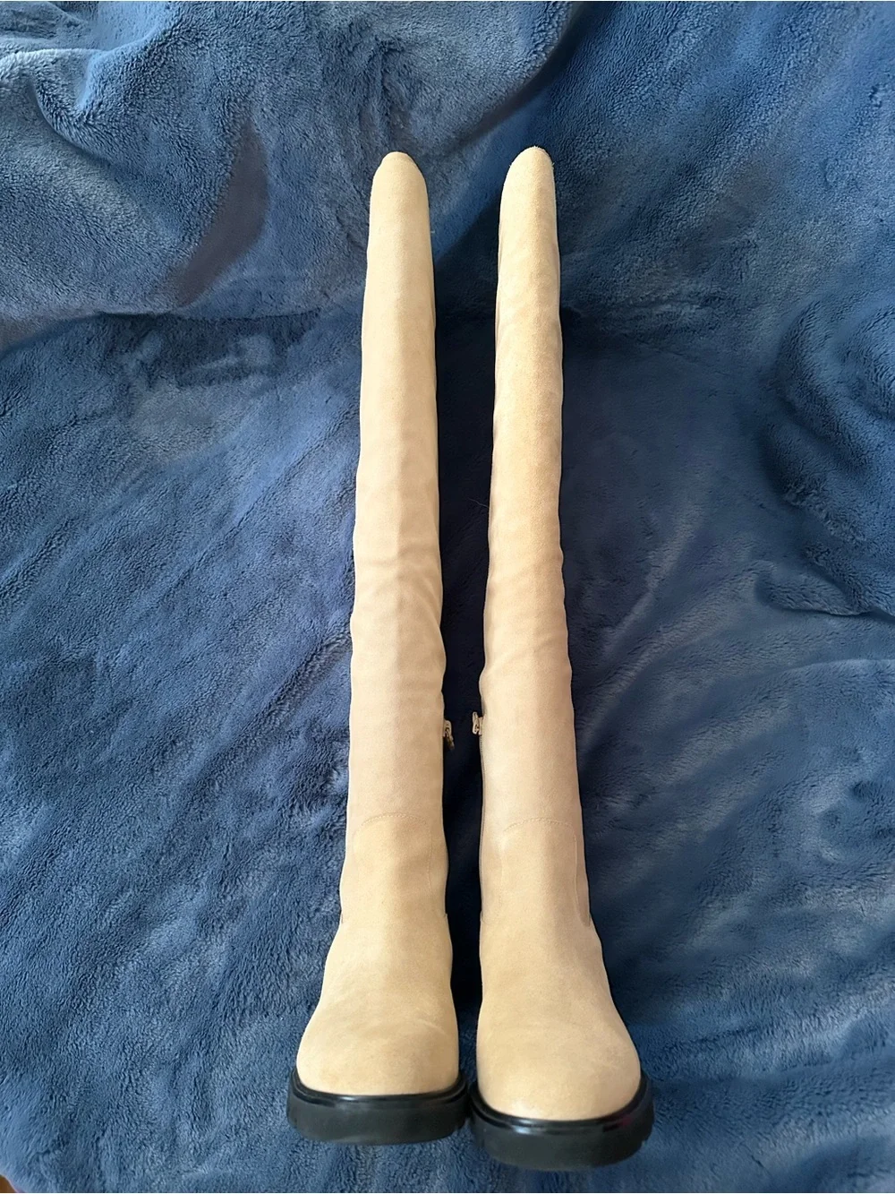Stuart Weitzman Tall Beige Suede Over-the-Knee Boots with Black Lug Sole